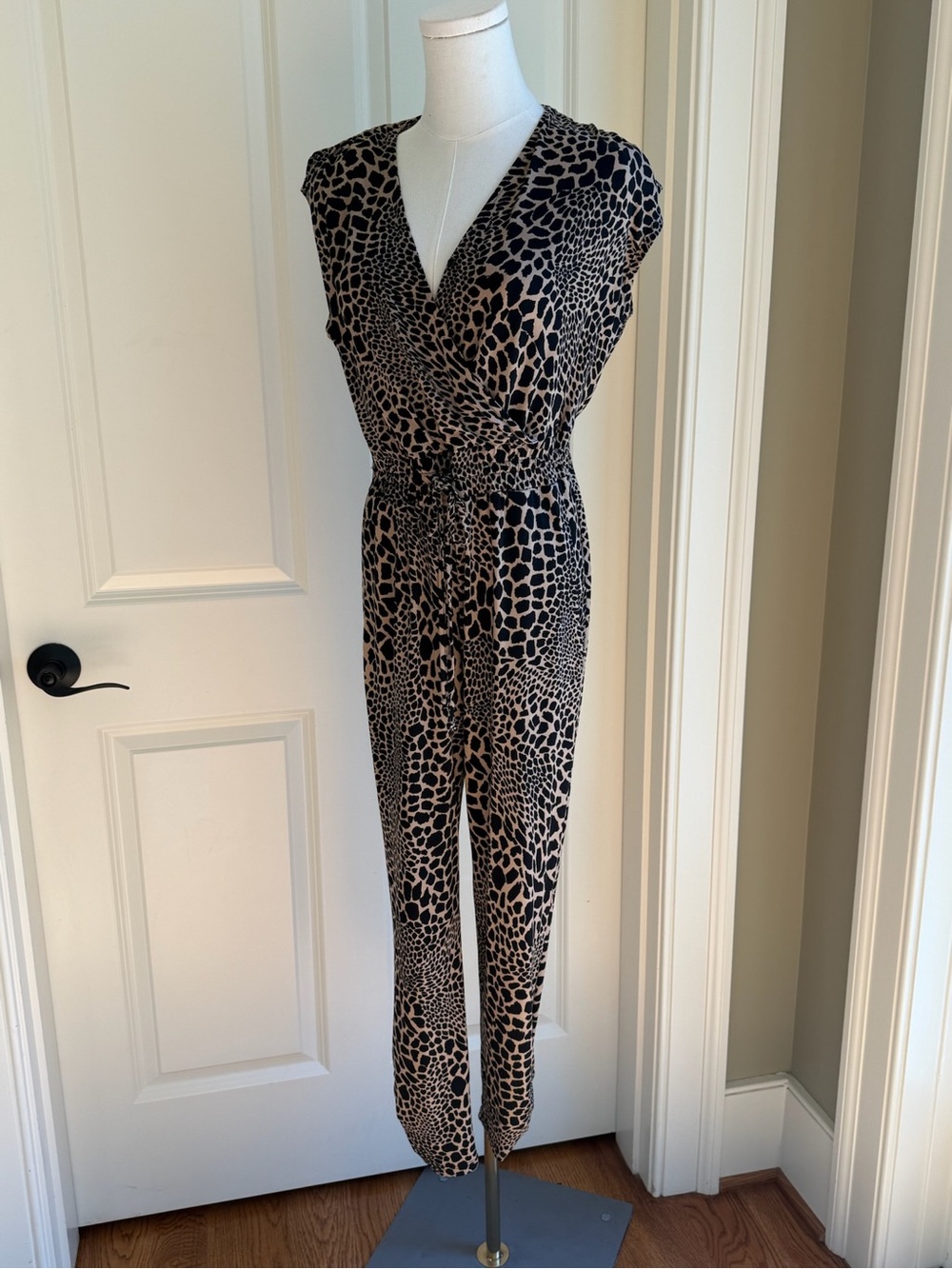 Veronica M Black & Tan Animal Print Sleeveless Jumpsuit